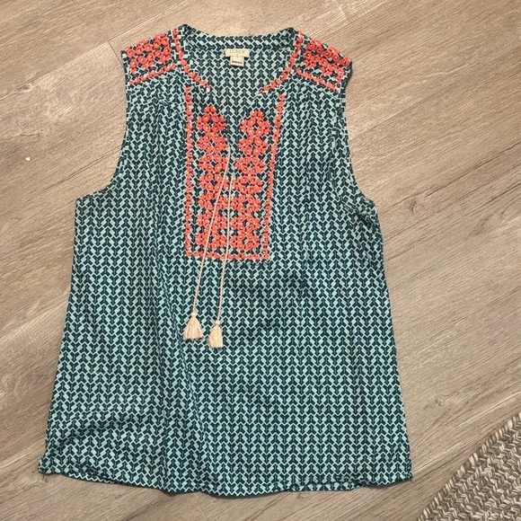 J. Crew Sleeveless Blouse with Coral and Teal Design - Picture 1 of 5